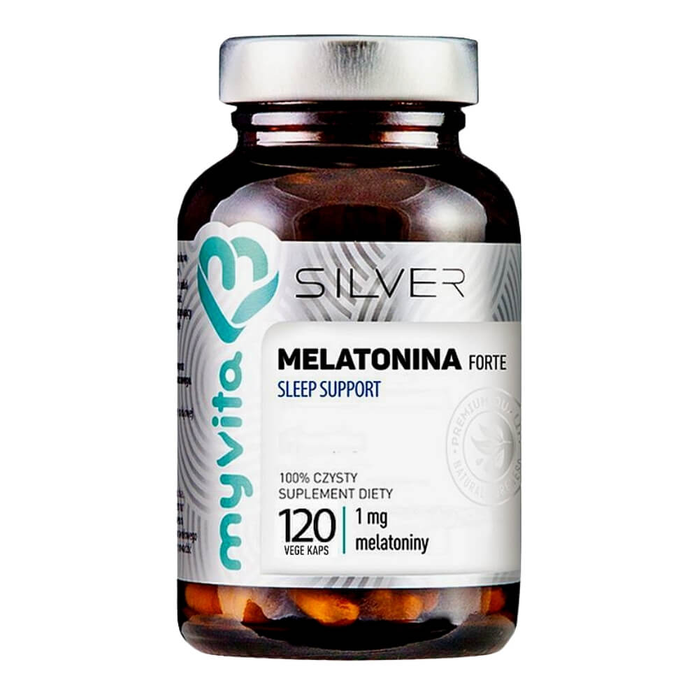 Melatonin FORTE Schlafunterstützung, 1 mg, MYVITA Silver, 120 Kapseln, dunkelblaue Packung mit weißen Kapseln.