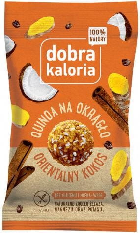 Kokossnack mit Quinoa und orientalischen Gewürzen, glutenfrei, 24g, Dobra Kaloria, auf einem weißen Teller serviert