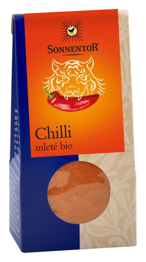 Getrockneter, scharfer Peperoncino in 40g Eco-Verpackung von SONNENTOR, fein gemahlen für würzige Gerichte.