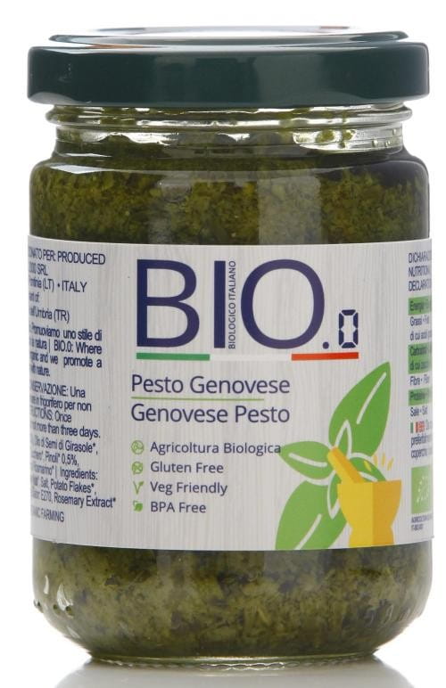 Glutenfreies Pesto Genovese von GESTAL in 130g Glas, mit frischen Basilikum- und Knoblauchnoten, appetitlich präsentiert.