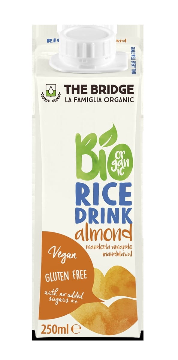 Reisgetränk mit Mandeln, glutenfrei, 250 ml, von THE BRIDGE, cremig und nussig, in der Flasche gesehen