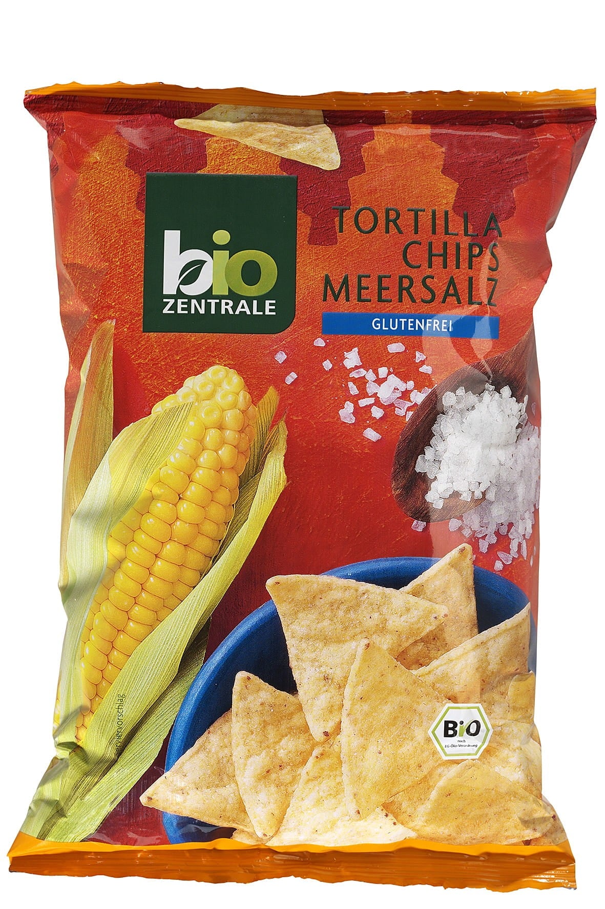 Glutenfreie Tortilla Chips mit Salz von BIO-ZENTRALE, 125g, knusprige Bio-Snackchips auf einem weißen Teller.