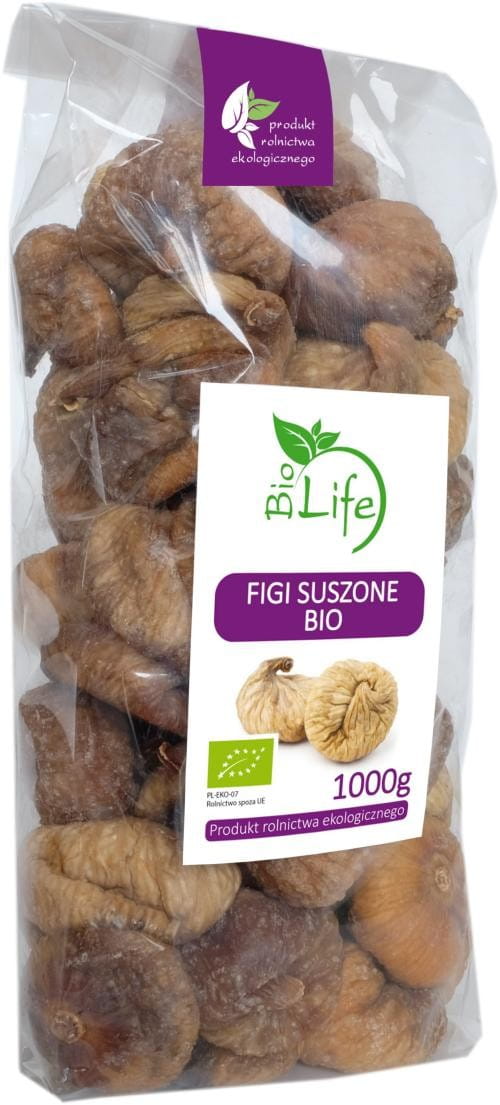 Frische Bio-Feigen in einer 1 kg Verpackung von BIO LIFE, natürliche und aromatische Früchte auf einem Teller.