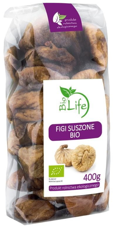 Drei frische Bio-Feigen, 400g, von der Marke BIO LIFE, auf einem weißen Teller, bereit zum Servieren.