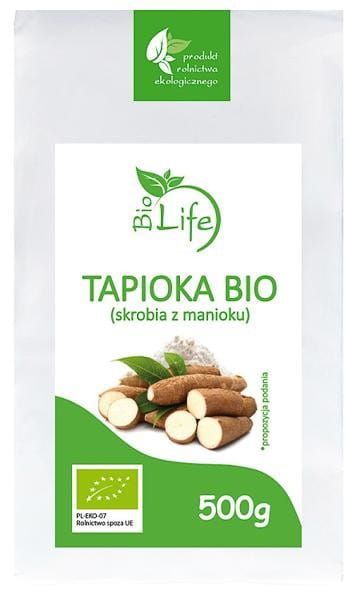 Tapioka 500g von BIO LIFE, biologisch und eco-friendly, zeigt weiße Tapiokaperlen in einer transparenten Verpackung.