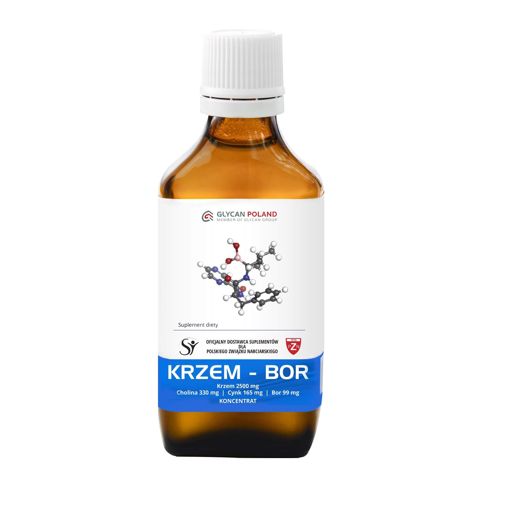 Organisches Silizium- und Borkonzentrat in 50 ml Flasche von GLYCAN POLAND, transparente Flüssigkeit in dunklem Flaschenverschluss