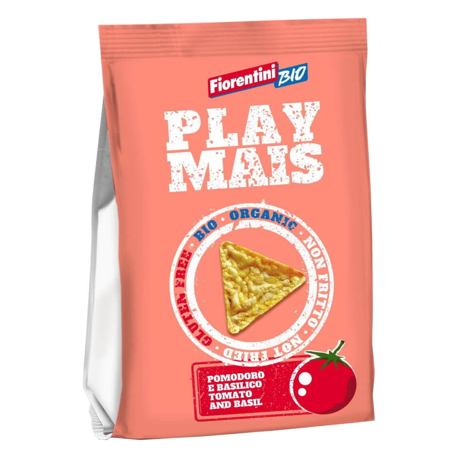Knusprige Tomaten-Mais-Chips mit Basilikum, glutenfrei, 40g, von FIORENTINI, EKO, nachhaltige Snack-Option.