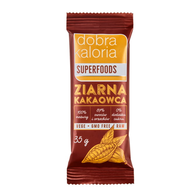 Kakaobohnen Fruchtriegel ohne Zucker, 35g von DOBRA KALORIA, natürliche Snack-Option, sichtbarer Riegel mit Kakaobohnen.