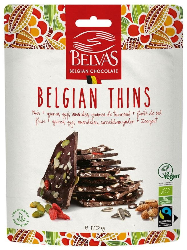 Zartbitterschokoladenstücke mit Quinoa-Mandeln, fair gehandelten Goji-Beeren, glutenfrei, BIO, 120 g, BELVAS