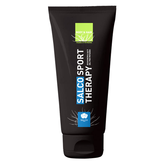 Salco Sporttherapie regenerierendes Duschgel für Körper und Haare, 200 ml, flüssige Textur in einer weißen Flasche