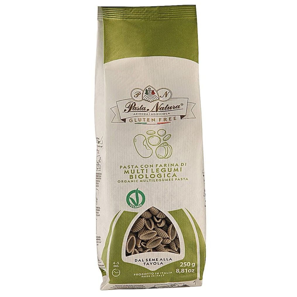 Glutenfreie Bio-Hülsenfrüchte-Nudeln in Schalen von PASTA NATURA, 250 g, auf weißem Hintergrund.