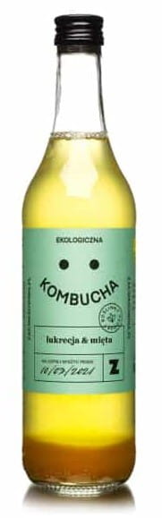 Bio-Kombucha mit Lakritz und Minze von ZAKWASOWNIA, 500 ml Flasche, erfrischendes Getränk mit natürlichen Zutaten, sichtbar im Bild