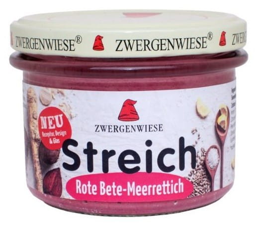 Glutenfreie Bio-Sonnenblumen-Meerrettich-Randenpaste von ZWERGENWIESE in 180 g Glas, mit leuchtend roten Randen und Meerrettich