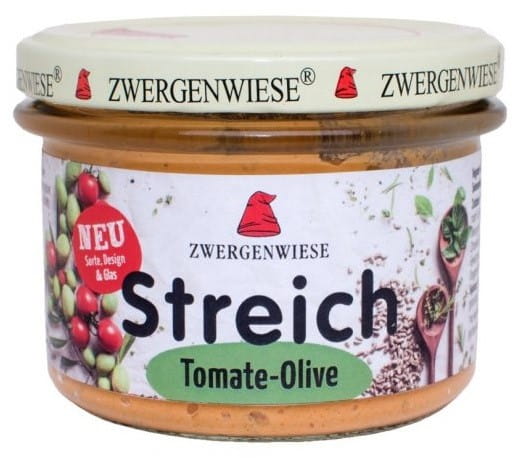 Glutenfreie Sonnenblumenpaste mit Tomaten und Oliven, Bio-ZWERGENWIESE, 180 g, cremige Aufstrich in Glas.