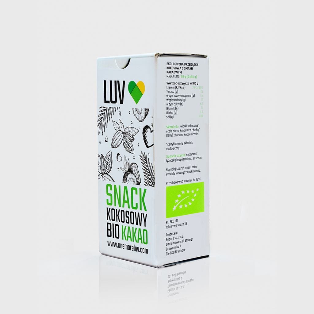 BIO Kokossnack mit Kakaobohnen von ONE MORE LUV, 3x30g, knackige Kokosstücke mit Kakaobohnen in einer Verpackung