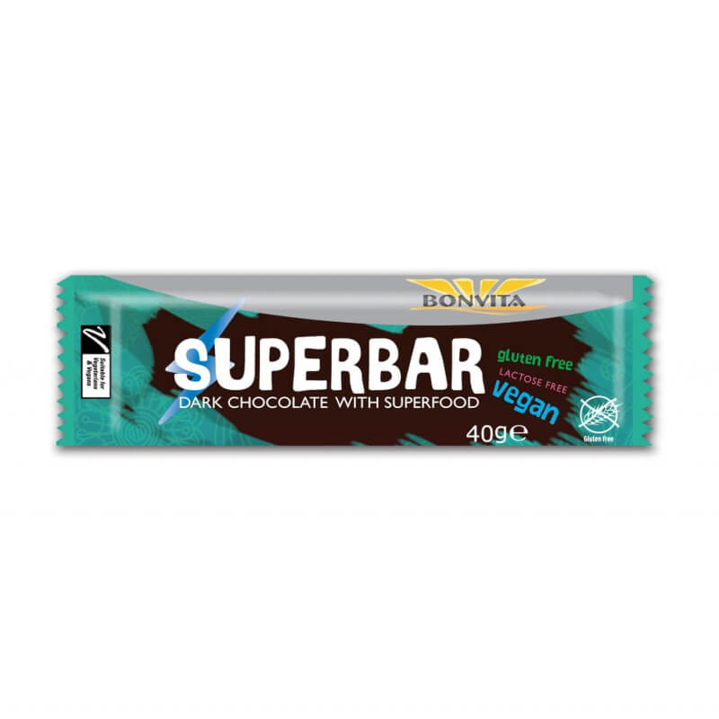 Zartbitterschokolade Superbar von BONVITA, laktosefrei, glutenfrei, biologisch, 40 g, zeigt die dunkle Schokoladentafel