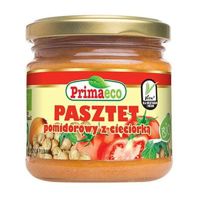 Bio Tomatenpastete mit Kichererbsen von PRIMAECO in 160 g Dose, cremige Konsistenz, sichtbare Tomaten und Kichererbsen.