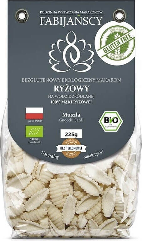 Weißer Reis Muschelgnocchi Sardi von FABIJAŃSCY, glutenfrei und Bio, 225 g, frische italienische Gnocchi auf einem Teller