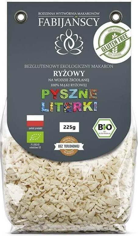 Weiße Pasta Buchstaben aus glutenfreiem Bio-Reis, 225 g von FABIJAŃSCY, mit sichtbaren Buchstaben in der Packung