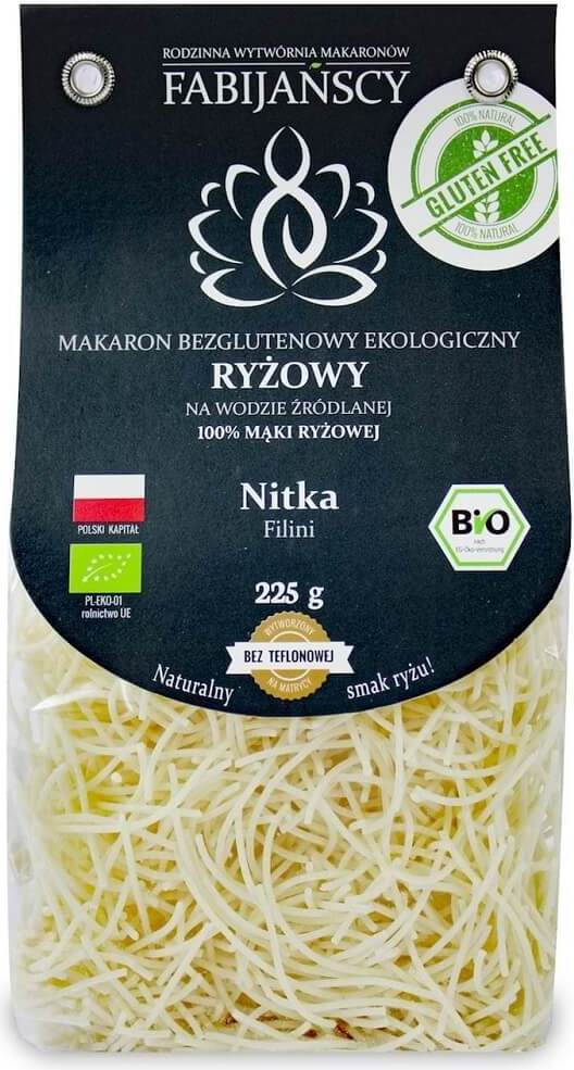Weiße, glutenfreie Reismehl-Nudeln in Filinifaden-Form von FABIJAŃSCY, biologisch, 225 g.