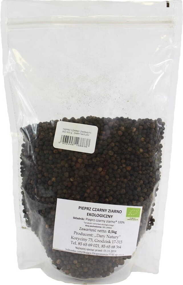 Schwarze Pfefferkörner BIO von DARY NATURY, 500 g, frische, aromatische Pfefferkörner in einer transparenten Verpackung.