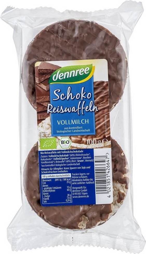 Reiswaffeln mit Milchschokolade von DENNREE, Bio-Qualität, 100 g, knusprige Reiswaffeln mit schmelzender Milchschokolade