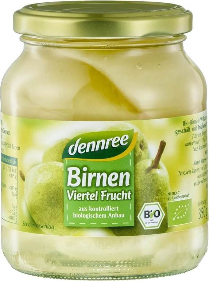 Viertel Williams Birnen in Salzlake von DENNREE, Bio-Qualität, 350 g, frische, saftige Birnen in Salzlake in einer Glasdose