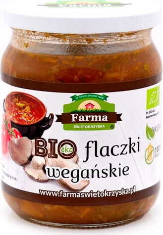 Vegane Kutteln BIO von FARMA ŚWIĘTOKRZYSKA, 450 g, in einer Packung mit grüner Verpackung und Produktbeschreibung.