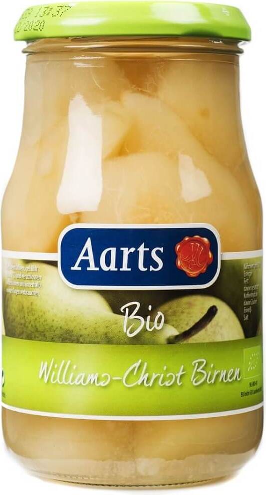 Viertel Williamsbirnen in Salzlake BIO von AARTS, 350 g, frisch und saftig in einer transparenten Glasdose.