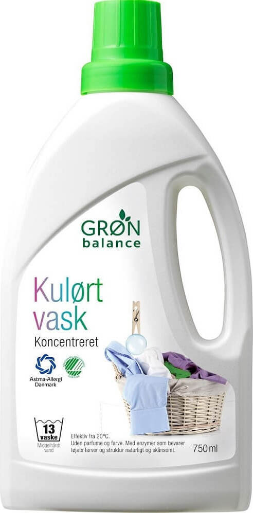 Flüssigwaschmittel für Buntwäsche von GRON BALANCE in 750 ml Flasche, zeigt die Verpackung und Produktbeschriftung.
