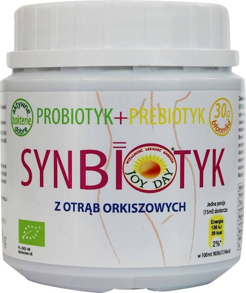 Bio Synbiotikum mit Dinkelkleie von JOY DAY, 150 g, zeigt das Produkt in einer offenen Verpackung mit Dinkelkleiekörnern.