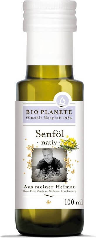 Bio Senfsamenöl in 100 ml Flasche, BIO PLANETE, naturbelassen, kaltgepresst, ideal für Kochen und Gesundheit.