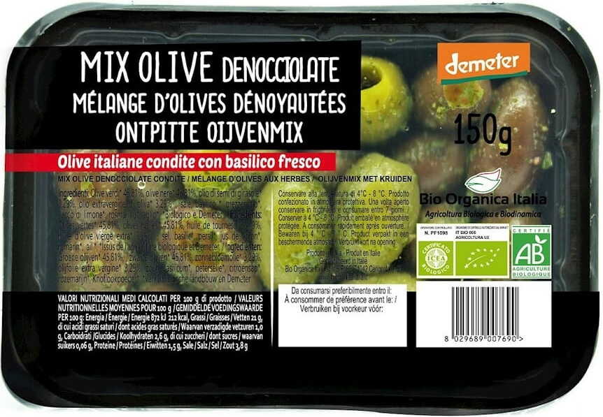 Bunte Bio-Olivenmischung ohne Kerne in Salzlake auf einer Schale, von BIO ORGANICA ITALIA, 150 g.
