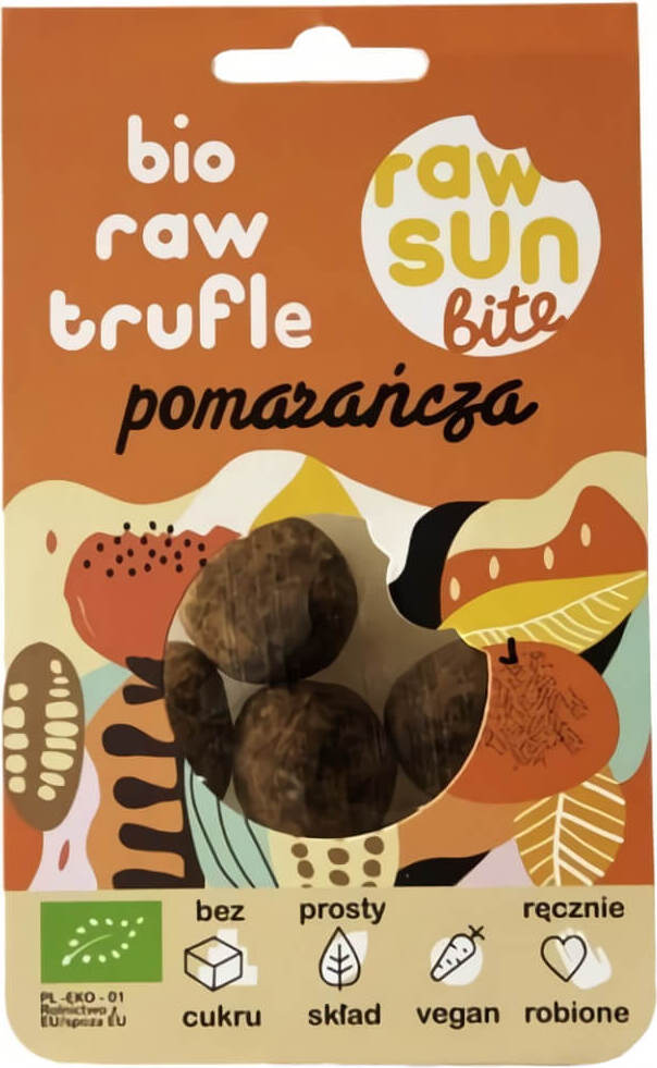 Bio-Orange-Trüffel von RAW SUN BITE, 105 g, mit frischen Orangenschalen und rohem Schokoladentruffel auf einem Teller.