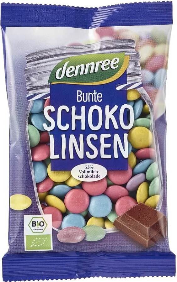 Bunte Bio-Schoko-Dragees in knusprigen bunten Schalen von DENNREE, 100 g, süßer Snack mit Schokoladenüberzug