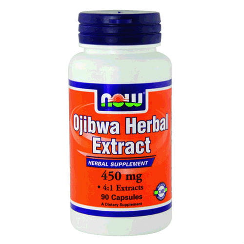 Ojibwa-Kräuterextrakt 450 mg in 90 Kapseln, vegane Nahrungsergänzung von NOW FOODS, zeigt die Kapseln und Verpackung.