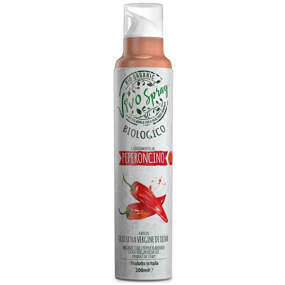 VIVO SPRAY Bio-Chili-Öl-Spray aus natives Olivenöl extra, 200 ml, mit rotem Chili und Oliven im Fläschchen