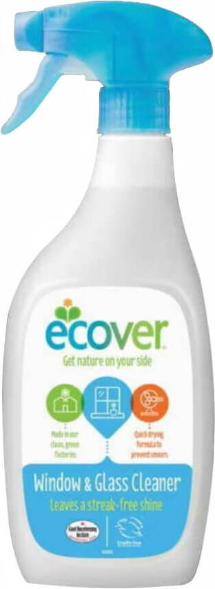 Reinigungsflüssigkeit für Glasoberflächen von ECOVER, 500 ml Flasche, zeigt die transparente Flüssigkeit in der Flasche.