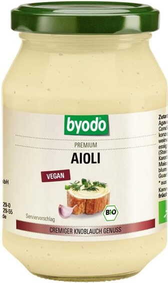 Vegane Bio Aioli-Mayonnaise ohne Gluten in 250 ml Flasche von BYODO, cremige Konsistenz, ideal für Sandwiches und Salate