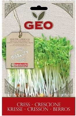Bio Kressesamen für Keimung von GEO, 35 g, frische grüne Kresse keimt auf einer weißen Oberfläche.