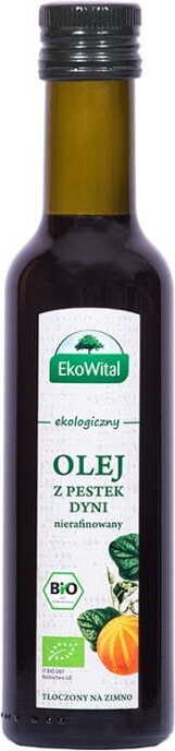 Kaltgepresstes Bio-Kürbiskernöl von EKOWITAL in 250 ml Flasche, dunkle Glasflasche mit goldener Etikette.