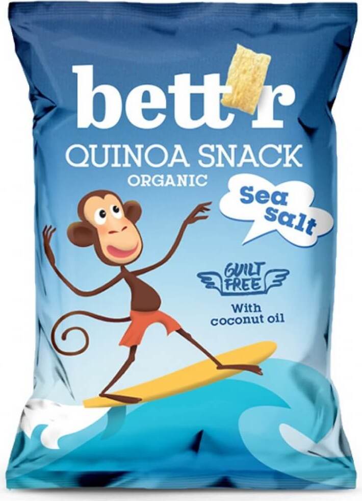 Glutenfreie Bio Quinoa Chips mit Meersalz von BETTR, knusprig und goldbraun, 50 g Packung, natürliche Snacks.