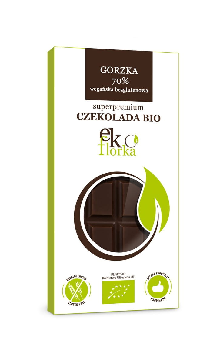 EKOFLORKA Bio Zartbitterschokolade 70% glutenfrei, 85 g, dunkle Schokolade mit reinen Kakaogeschmack und nachhaltiger Herstellung