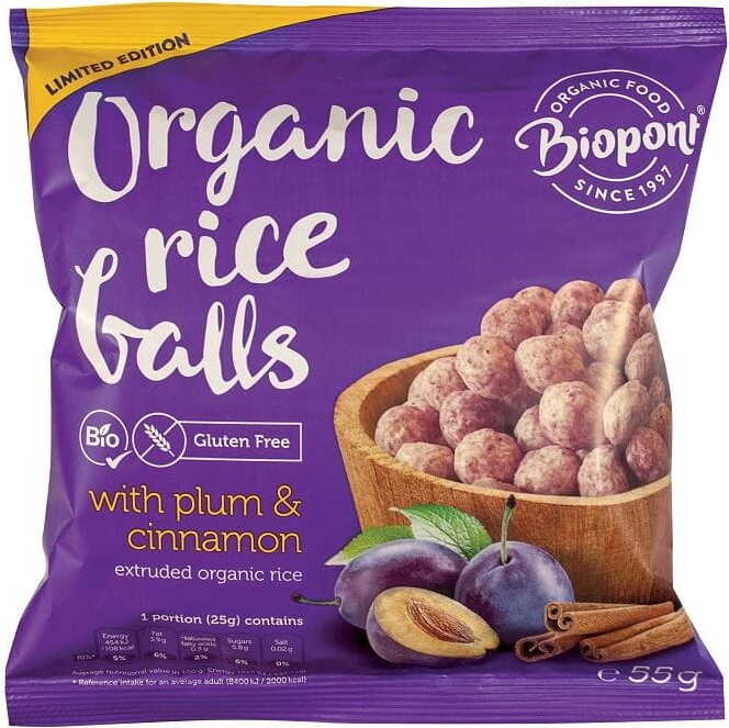Reischips mit Pflaumen und Zimt, glutenfrei, BIO, BIOPONT, 55 g, knuspriger Snack mit getrockneten Früchten und Gewürzen