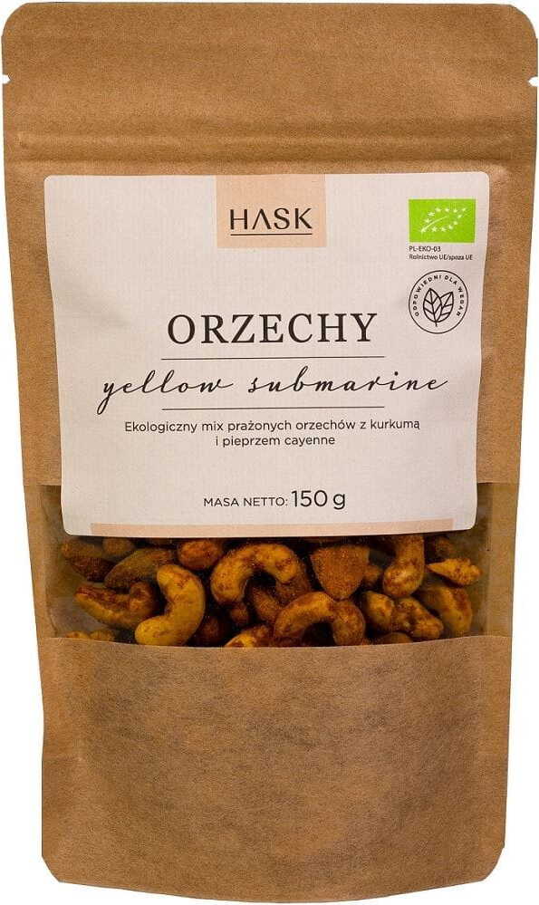 Geröstete Nussmischung mit Kurkuma und Cayennepfeffer von HASK, BIO, 150 g, knusprige Nüsse in gelber Verpackung