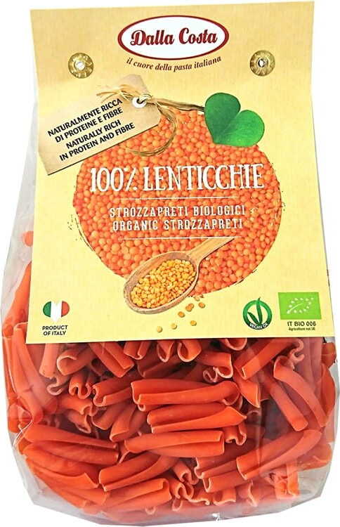 Rote Linsen Strozzapreti glutenfrei, BIO Pasta von DALLA COSTA, 250 g, ungekocht, trockene Pasta in Packung