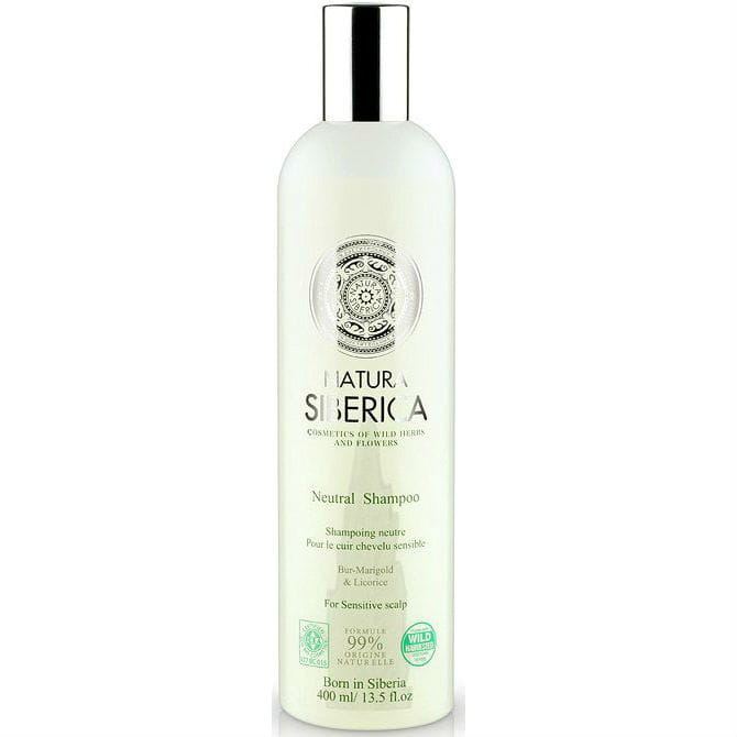 Neutrales Shampoo für empfindliche Kopfhaut von NATURA SIBERICA, 400 ml Flasche mit cremiger Textur, zeigt das Produkt vor einem weißen Hintergrund.