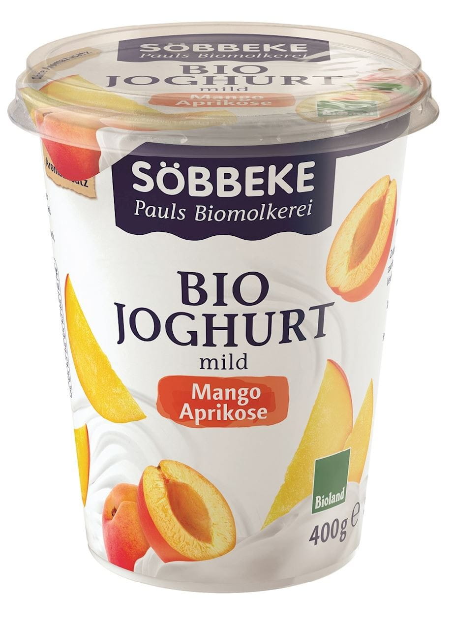 Bio Mangojoghurt mit Aprikosen, 38% Fett, SOBBEKE, 400 g, cremige Fruchtjoghurt in Becher