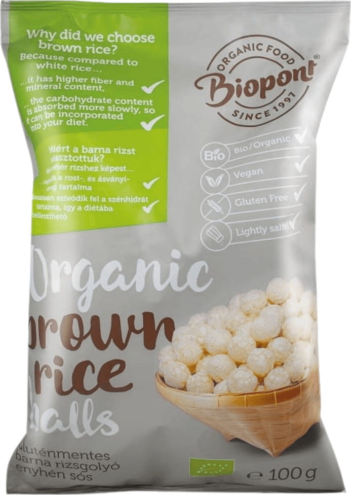 Leichte, gesalzene Reischips von BIOPONT, glutenfrei und biologisch, in einer 100 g Verpackung, auf weißem Hintergrund.