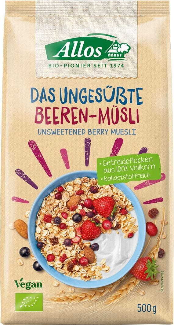 Bio-Müsli mit Beeren ohne Zuckerzusatz von ALLOS, 500 g, nah aufgenommen, zeigt fruchtige Beeren und knackiges Müsli.